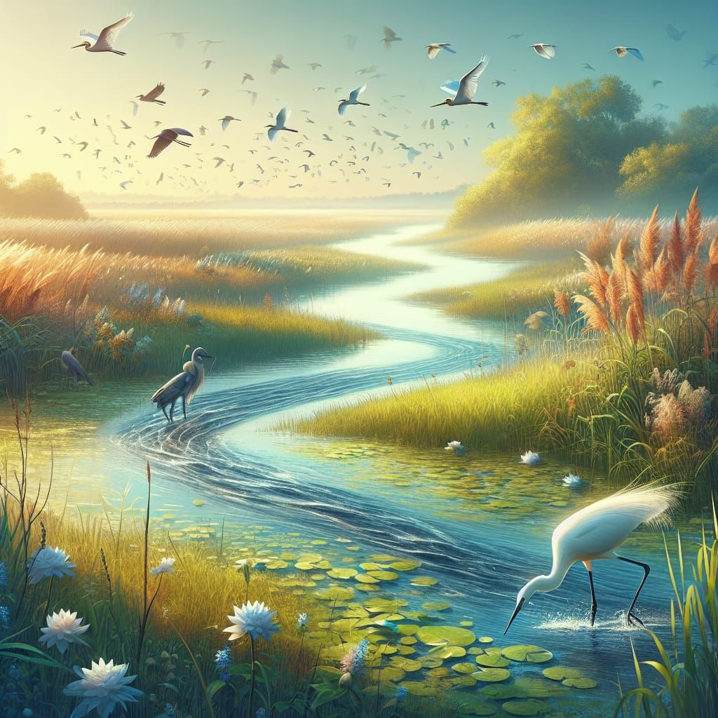 Summer Marsh with River and Egret in Sunlight