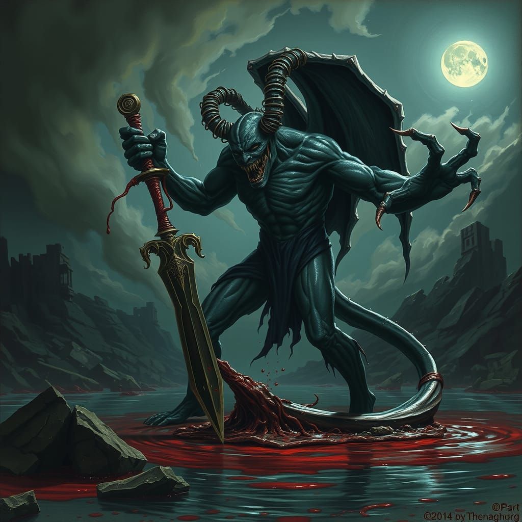 Gothic Demonic Creature with Serpentine Sword