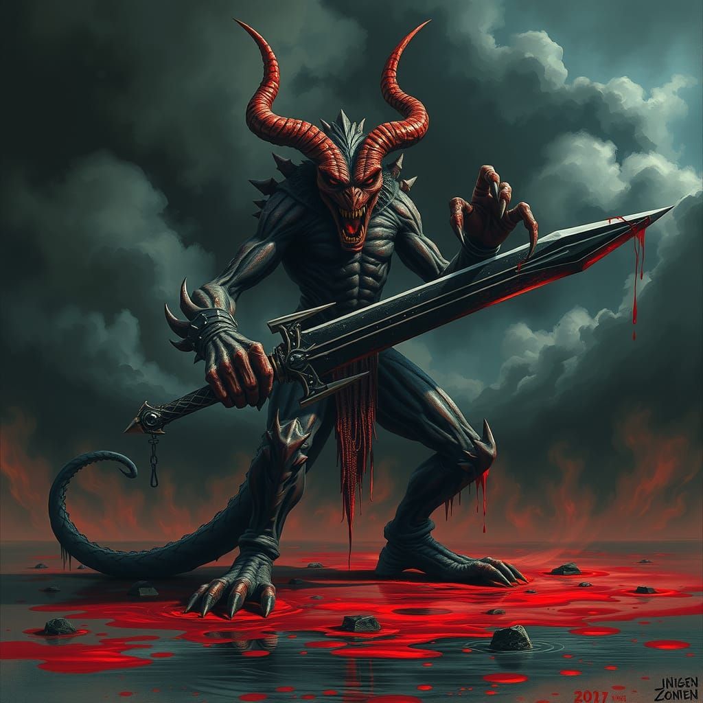 Demonic Creature in Nightmarish Landscape