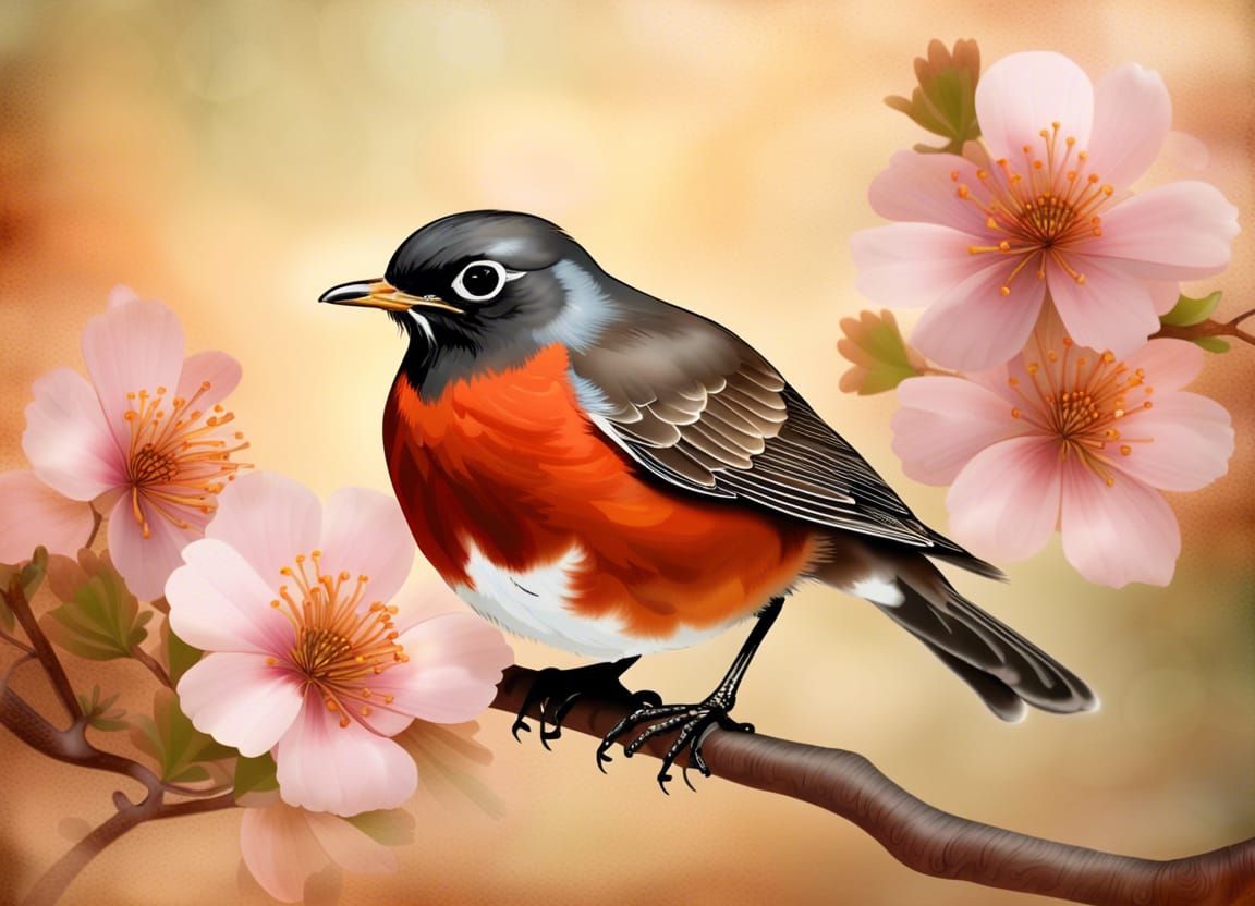 American Robin on Flowering Branch: Digital Painting