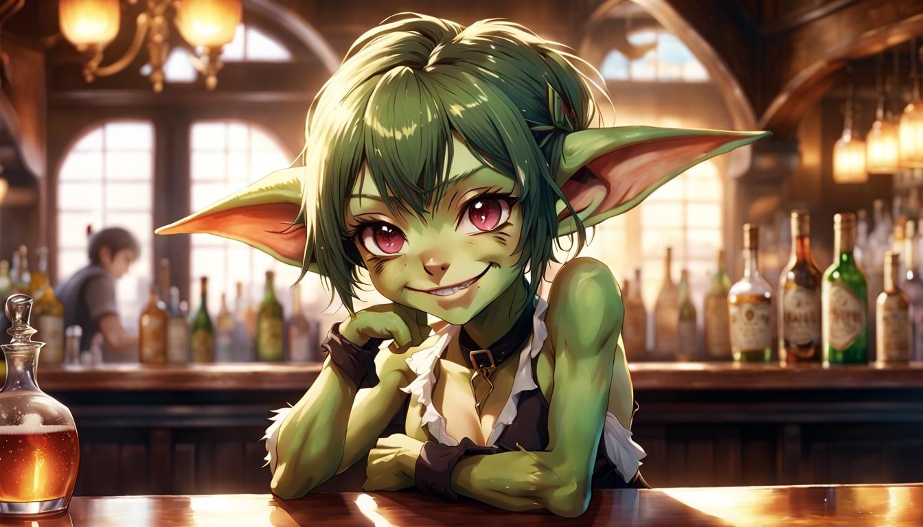 Sensuous Goblin Bartender in Fantasy Tavern