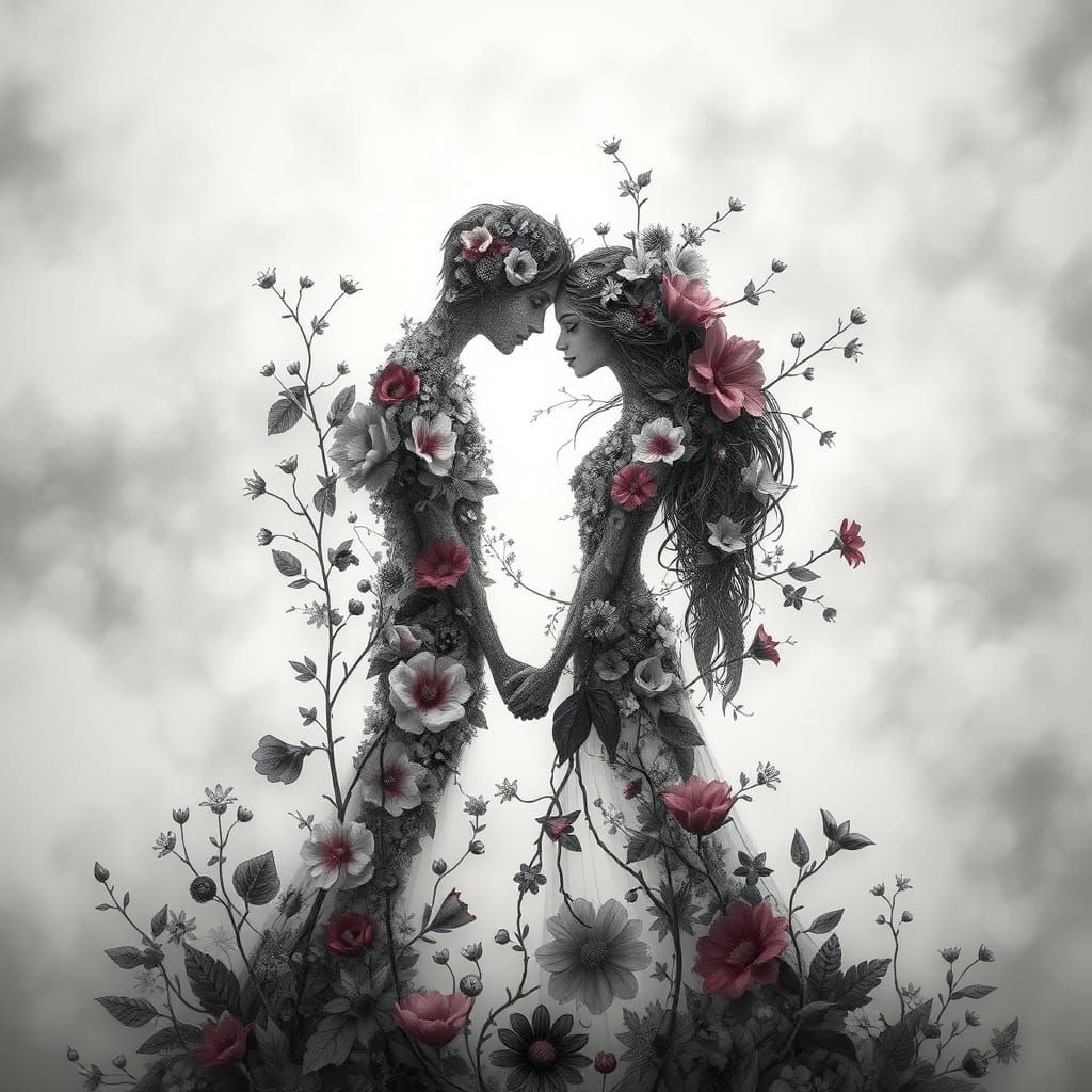 Ethereal Floral Lovers in Whimsical Black and White