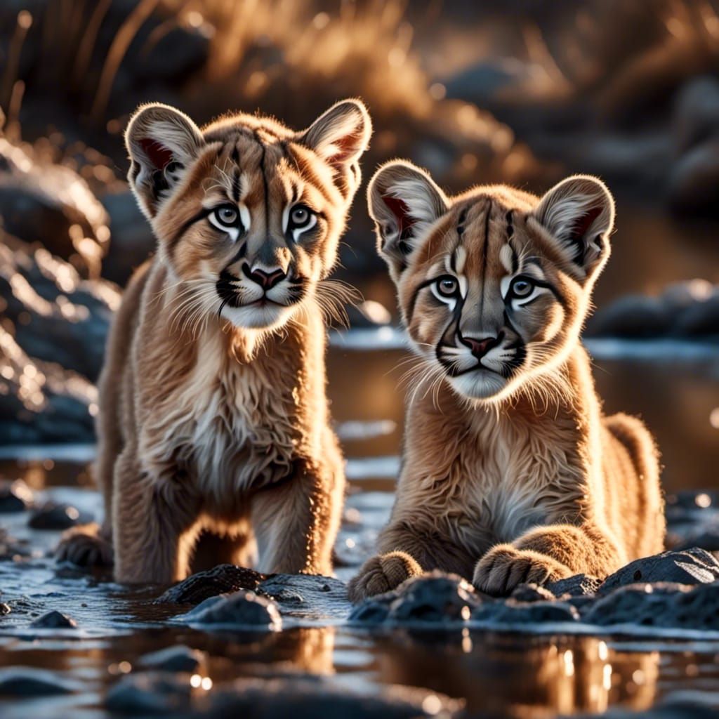 Puma Cubs Drinking: Hyperrealistic Wildlife Scene