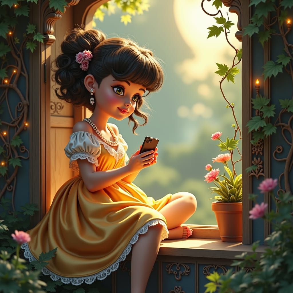 Elegant Black Victorian House with Dolls, Fantasy Art