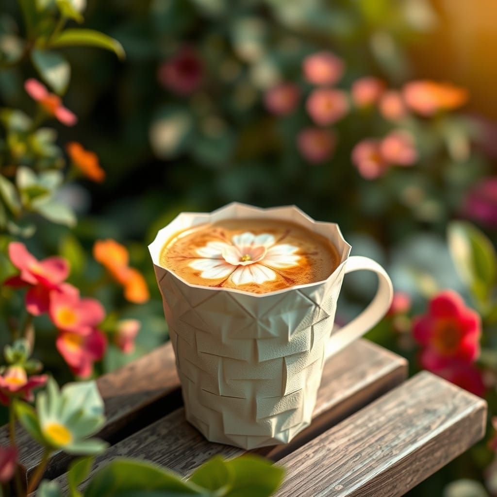 Whimsical Origami Coffee Cup in a Serene Garden Oasis