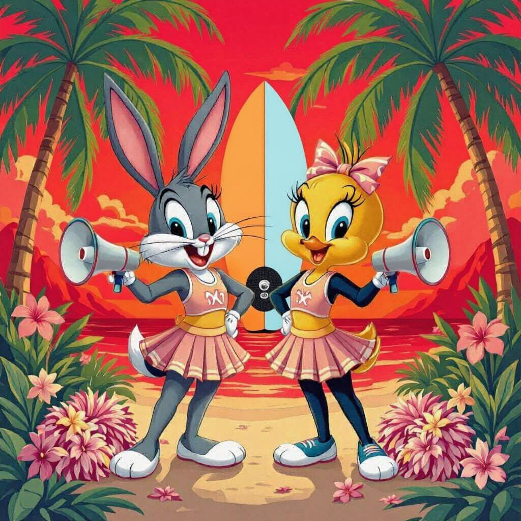 Loony Tunes Cheerleaders in Hawaii, Pastel Digital Art
