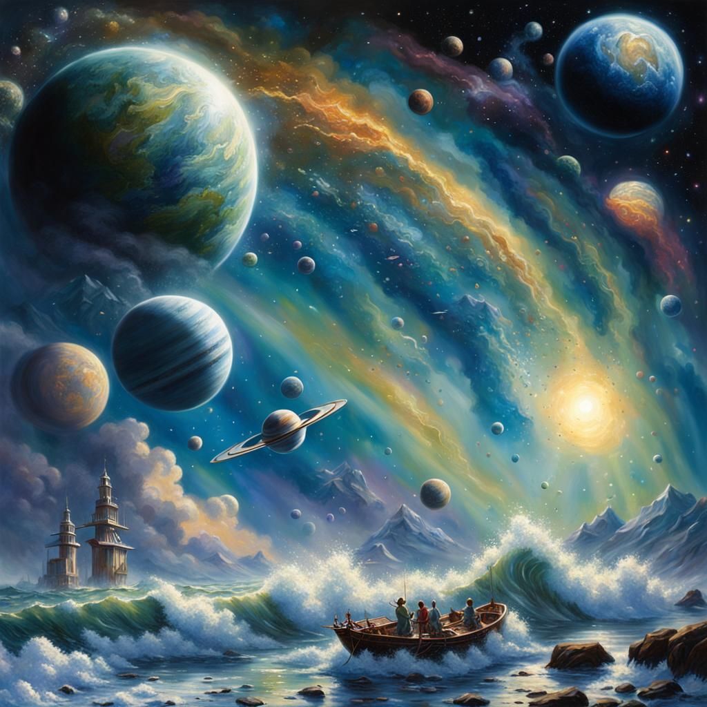 Planets with Aurora Sky: Splash Art Painting