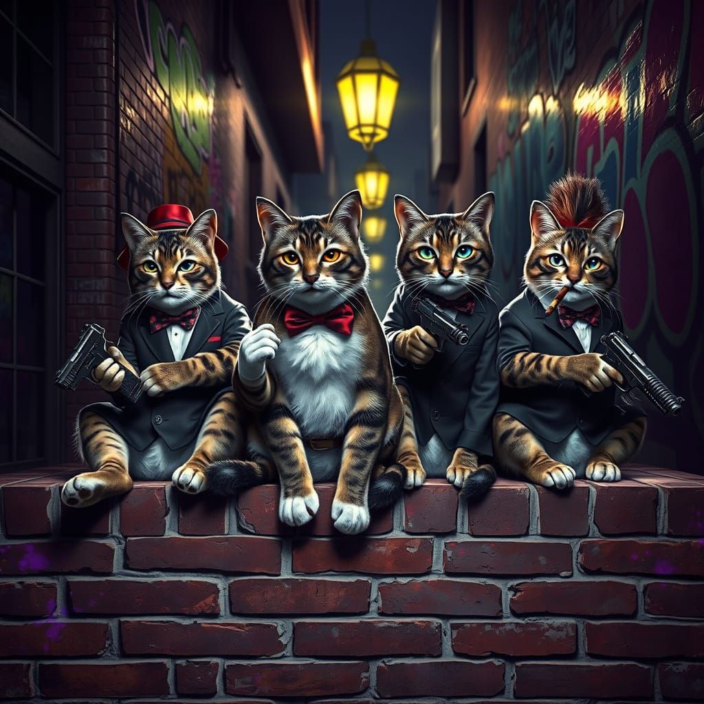 A photo of four ultra-realistic cats wearing mafia clothes and hats. Two of the cats are holding guns, one is smoking a ...