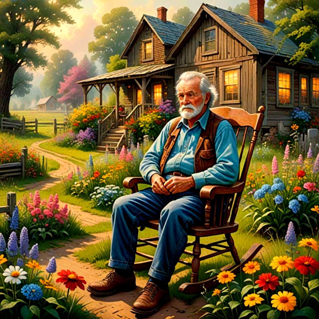 Grandpa Relaxing in Farmhouse Rocker, Ethereal Fantasy Art
