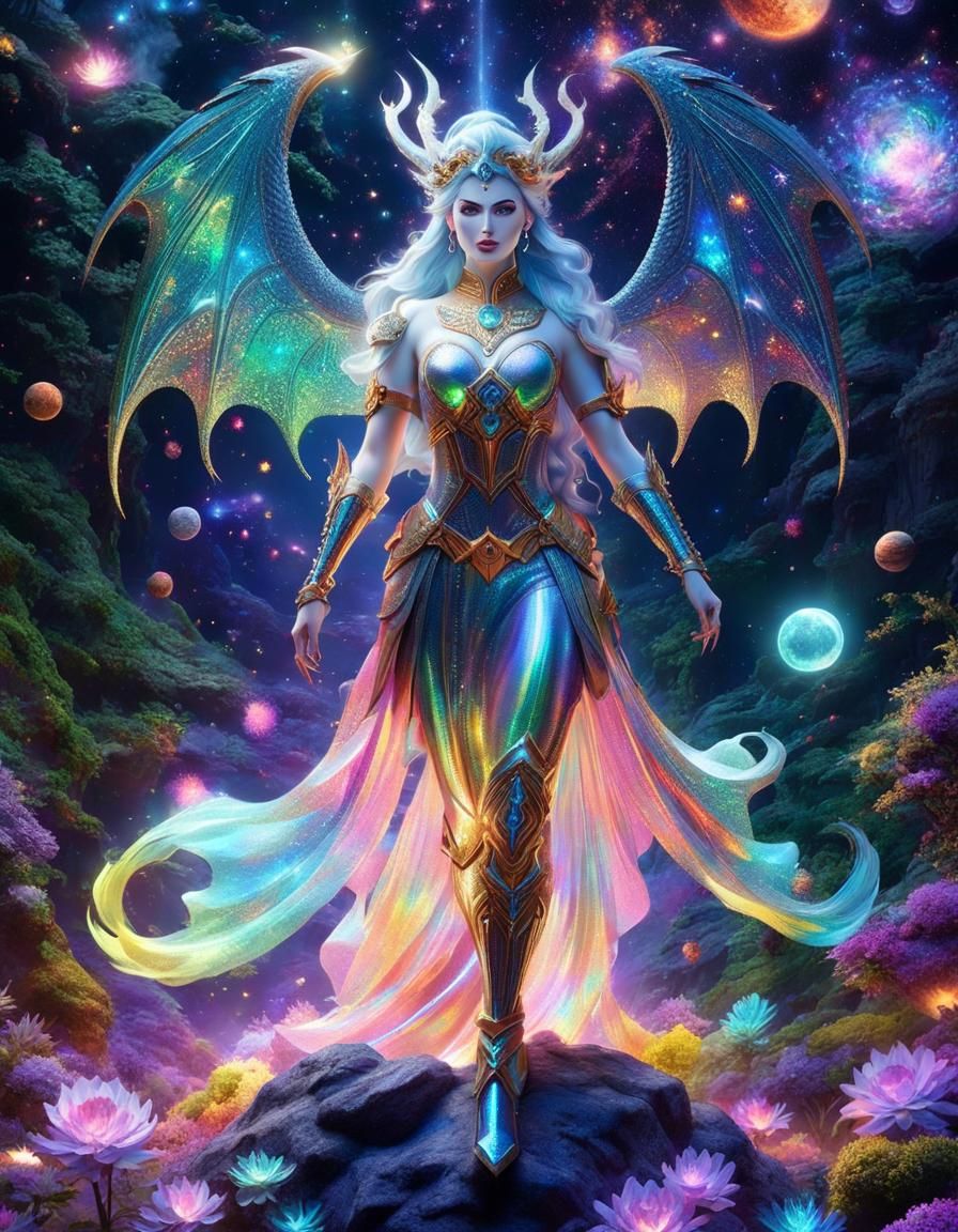 Rainbow Chimera Girl with Robot Skeleton in Anime Style