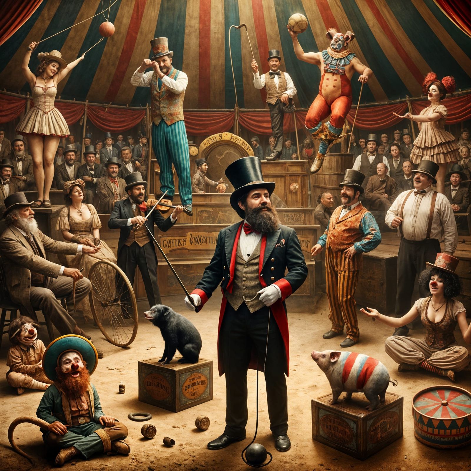 Circus scene set inside a vintage big top tent