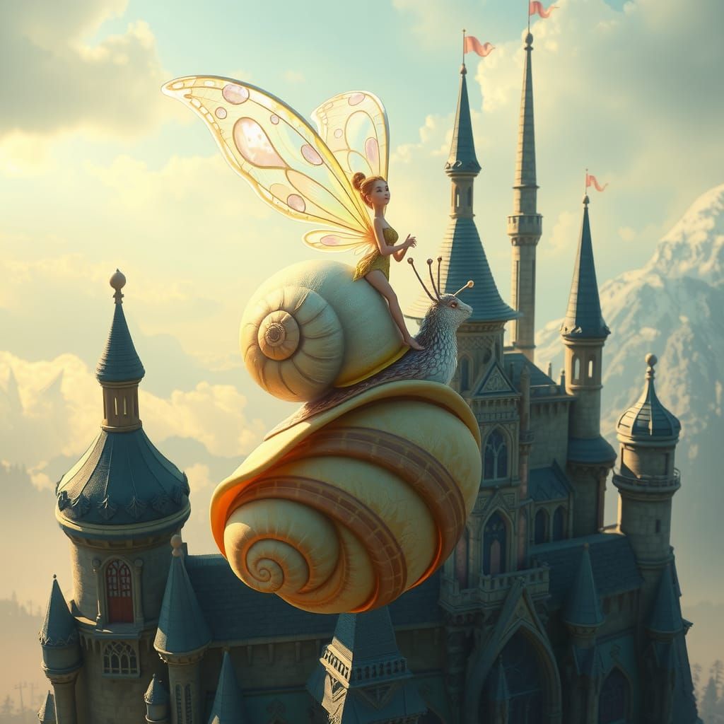 Fairy Riding a Snail Shell Above Castle