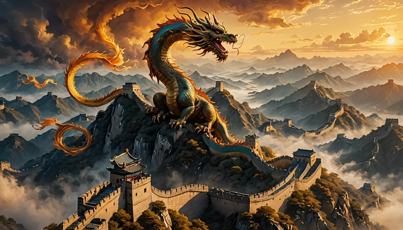 Majestic Dragon Soars Above Great Wall: Ethereal Painting