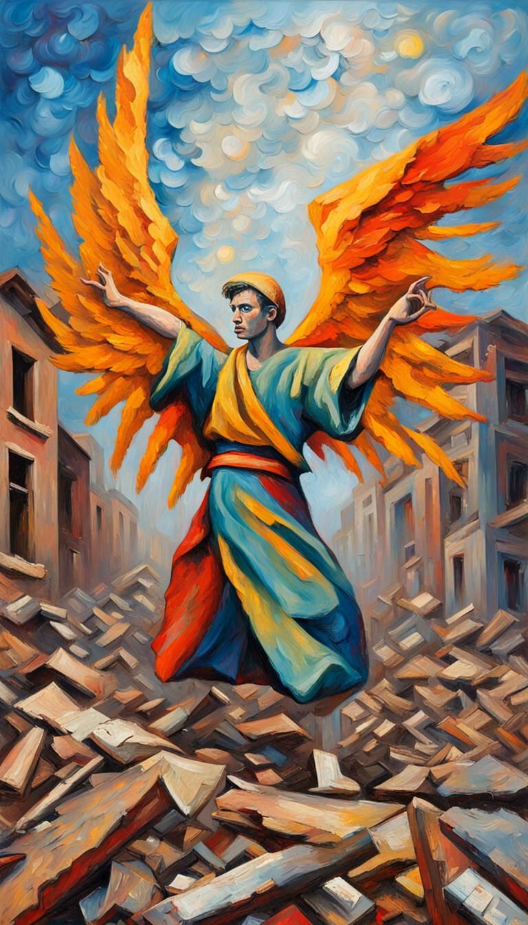 Post-Apocalyptic Angel Doing Taekwondo in Picasso Style