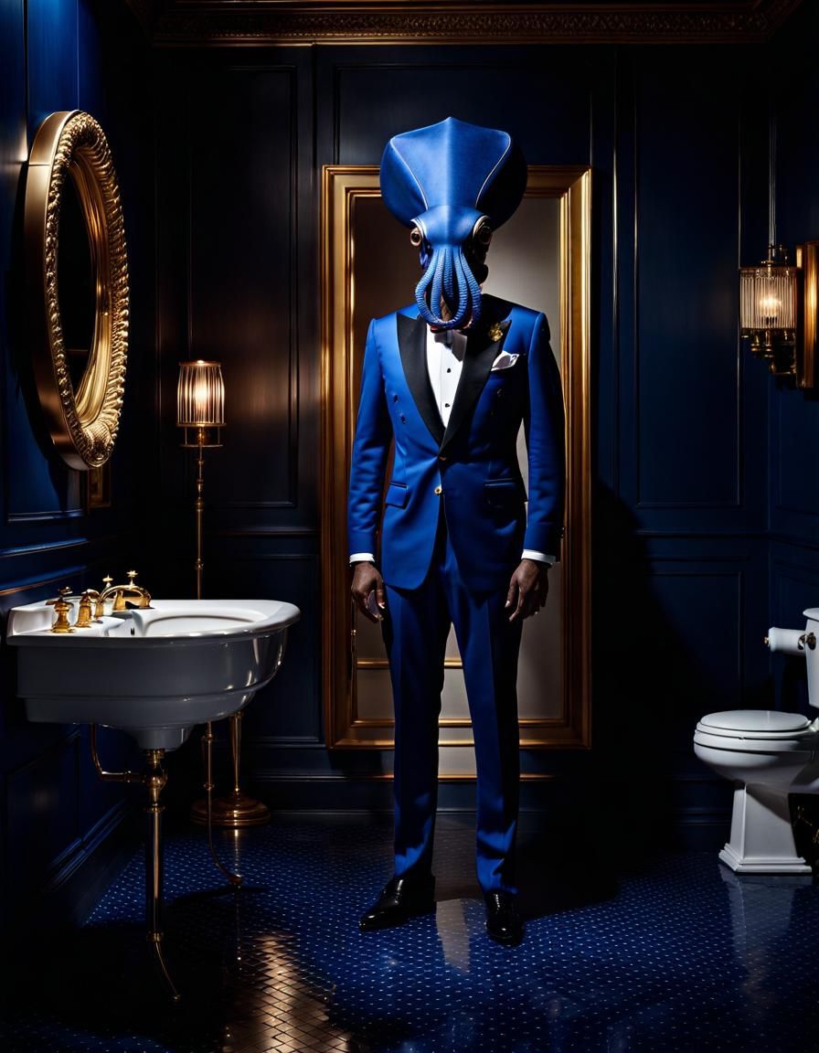 Anthropomorphic Octopus in Blue Suit, Candlelight Portrait
