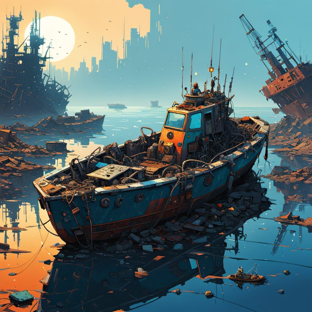 Cyborg on Junk Sea in Steampunk Style