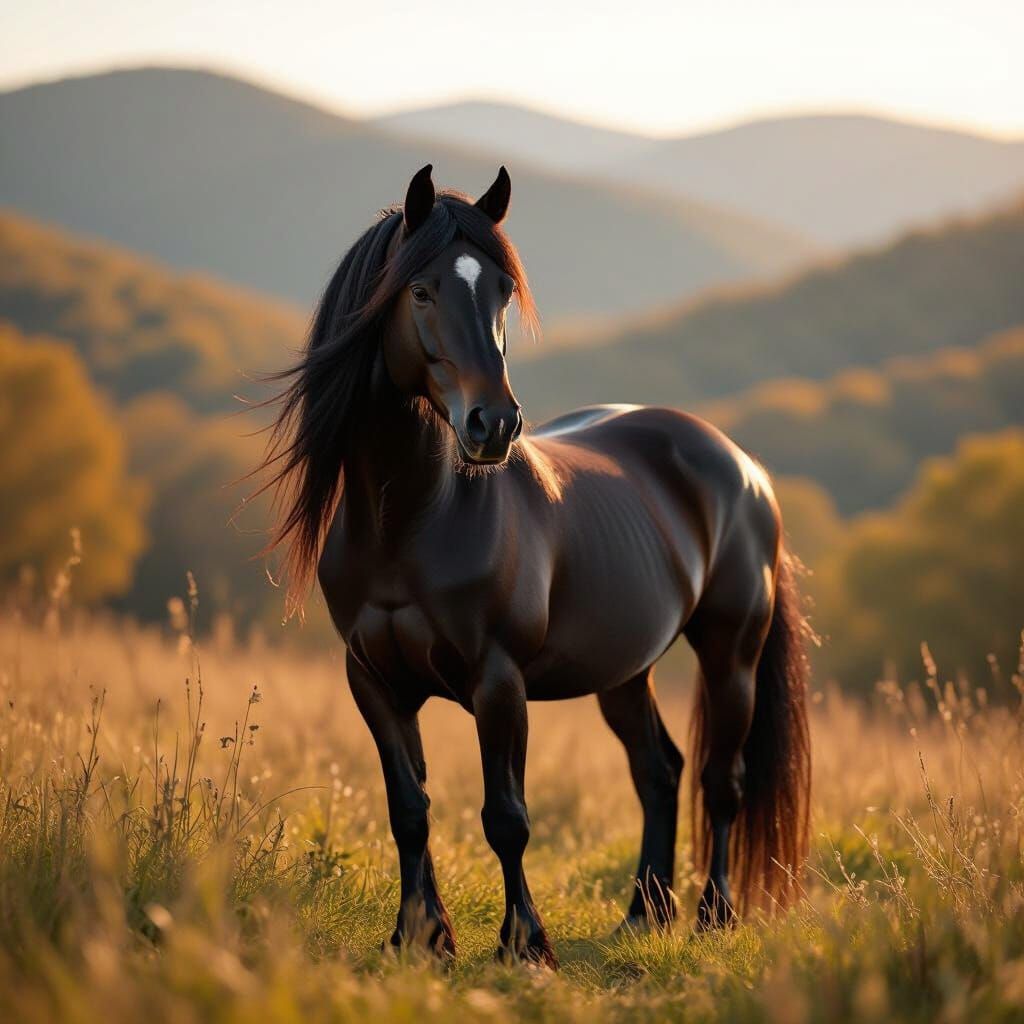 Majestic Friesian Horse in Golden Hour Ozarks