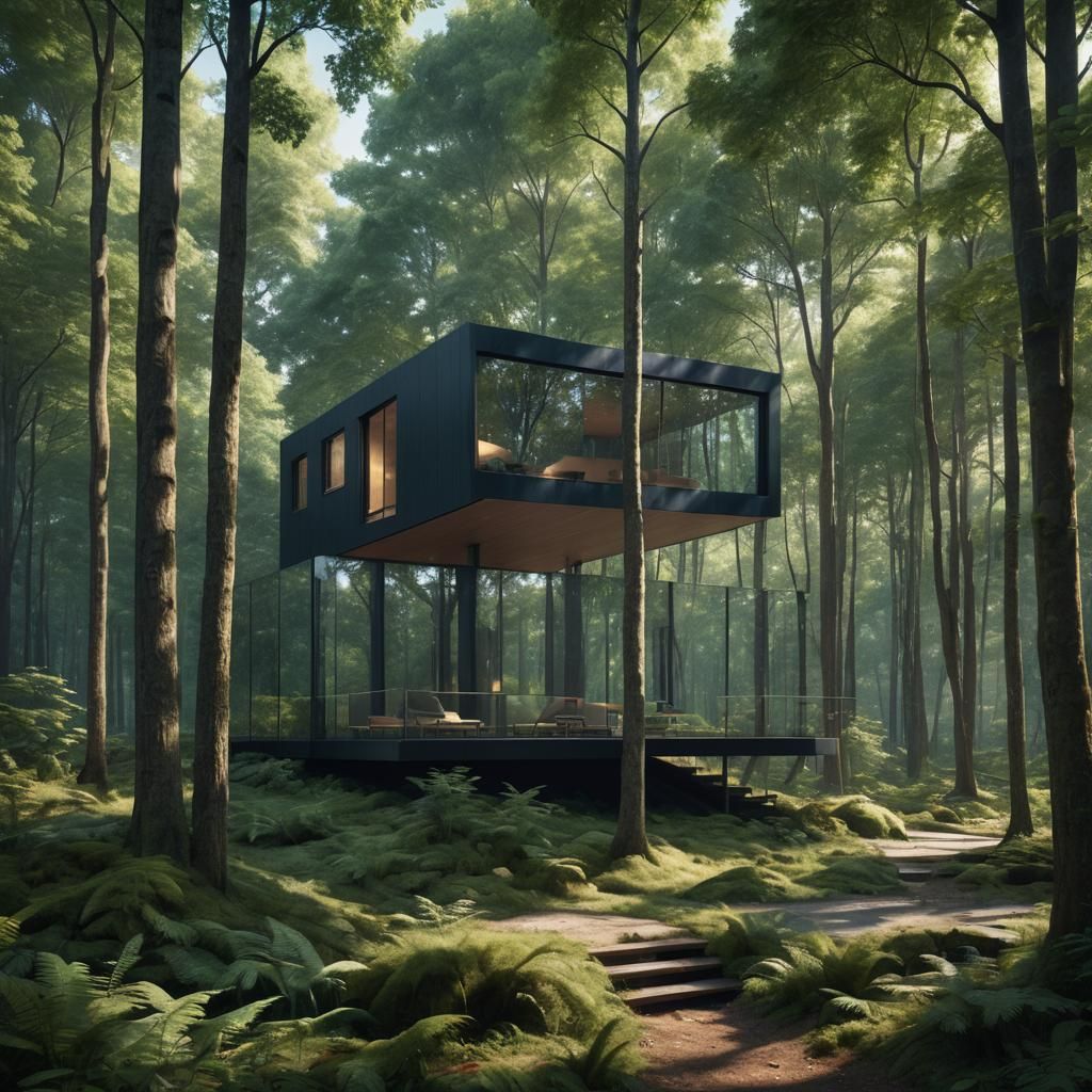 Modern Glass Cabin in Forest: Digital Matte Painting