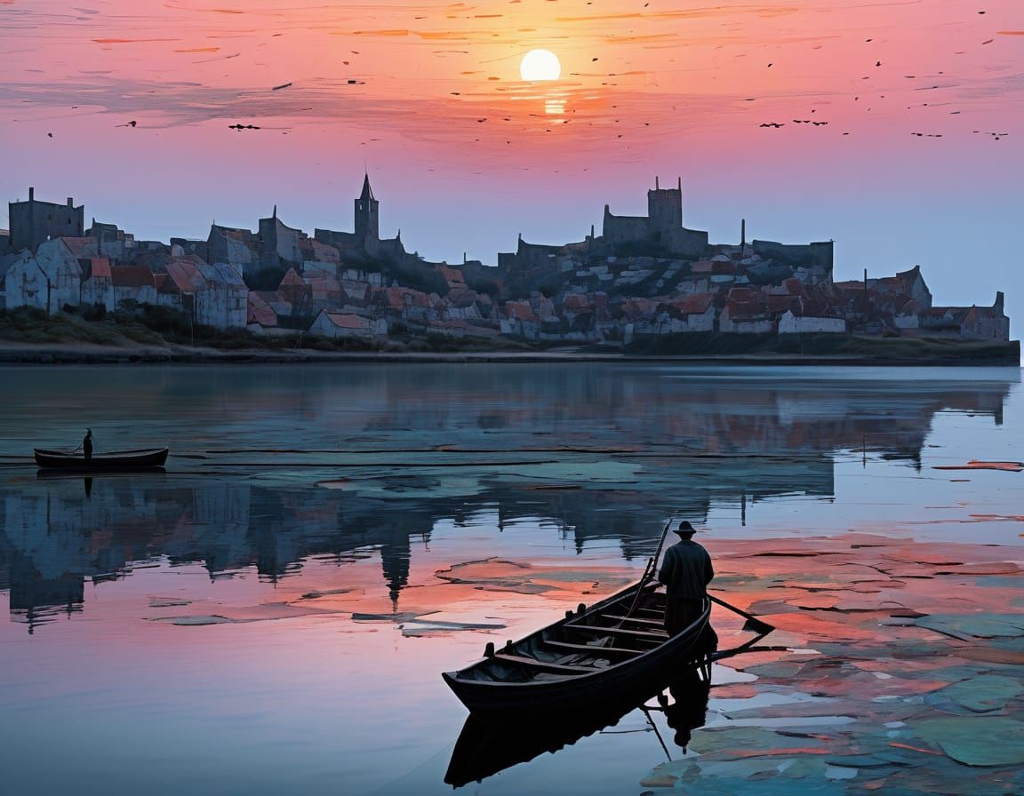 Medieval Fisherman Sets Sail Amidst Ancient Island Port