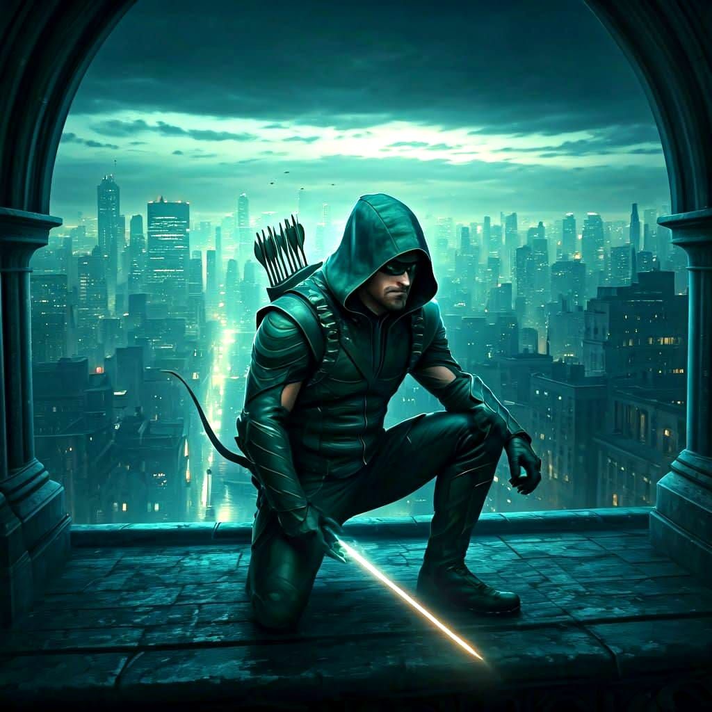 Green Arrow on Rooftop at Night: Digital Matte Painting