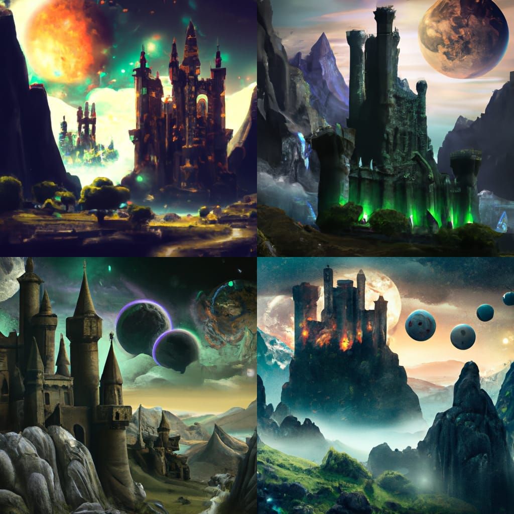 Roman Castle Under Strange Moons, Detailed Matte Painting