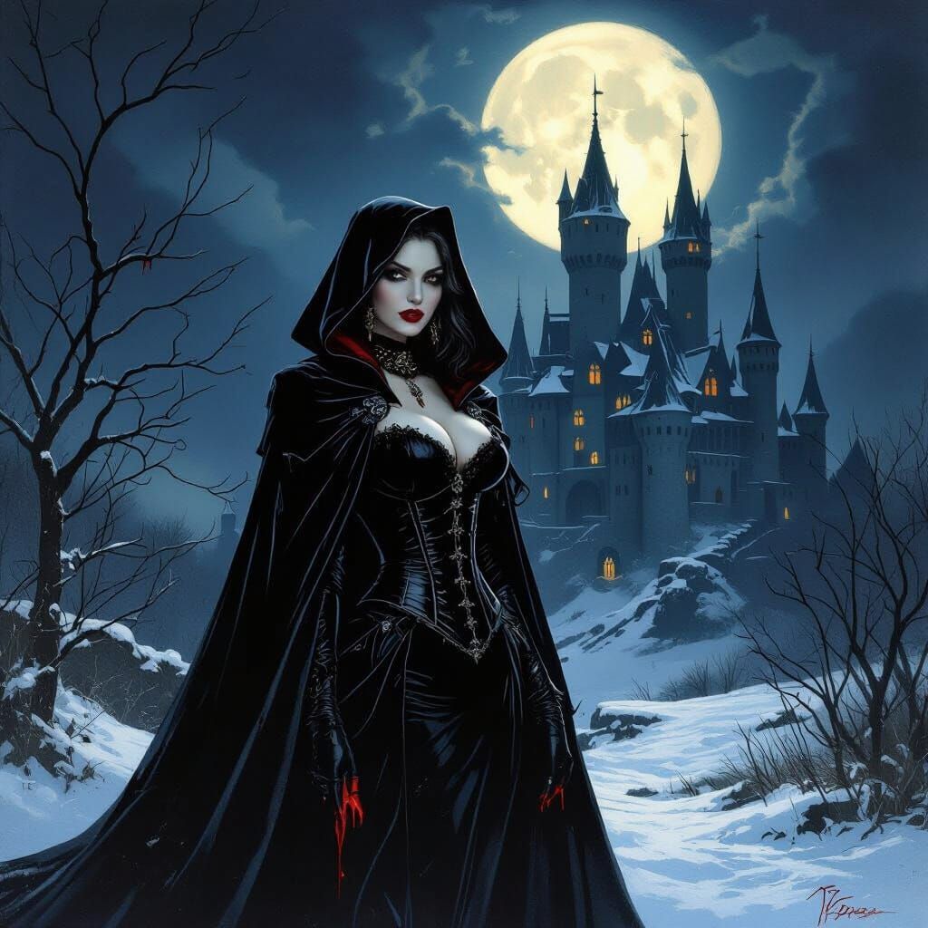 Vampire Queen in Velvet Cloak, Dark Fantasy Art