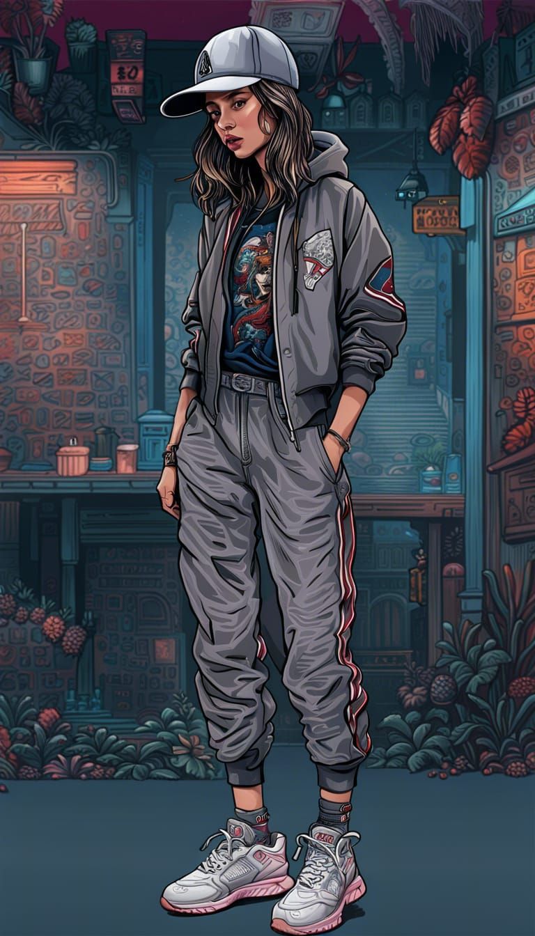 Woman in 90s Hip Hop Streetwear, Digital Illustration