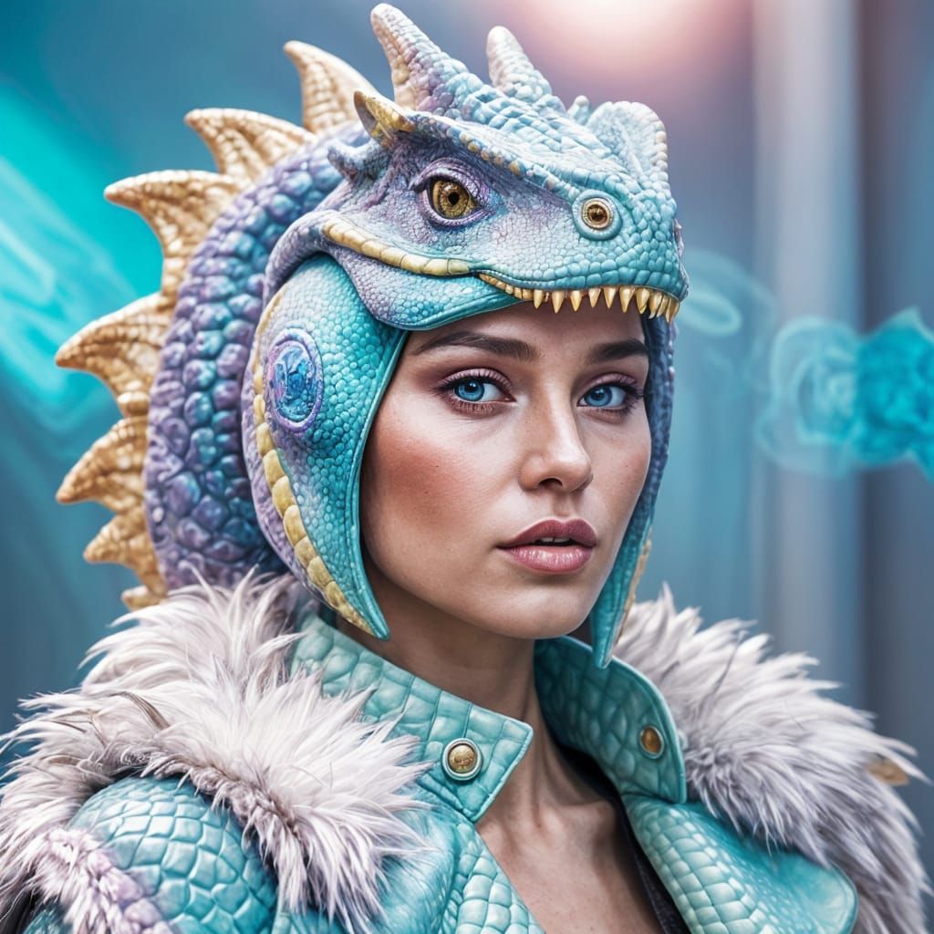 Futuristic Fashion Model in Dreamlike Pastel Dinosaur Headpi...