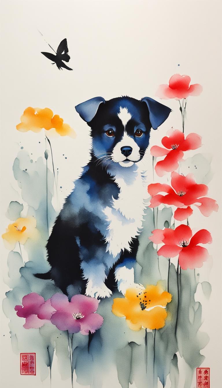 Minimalist Chinese Ink Painting of Puppy and Kitten