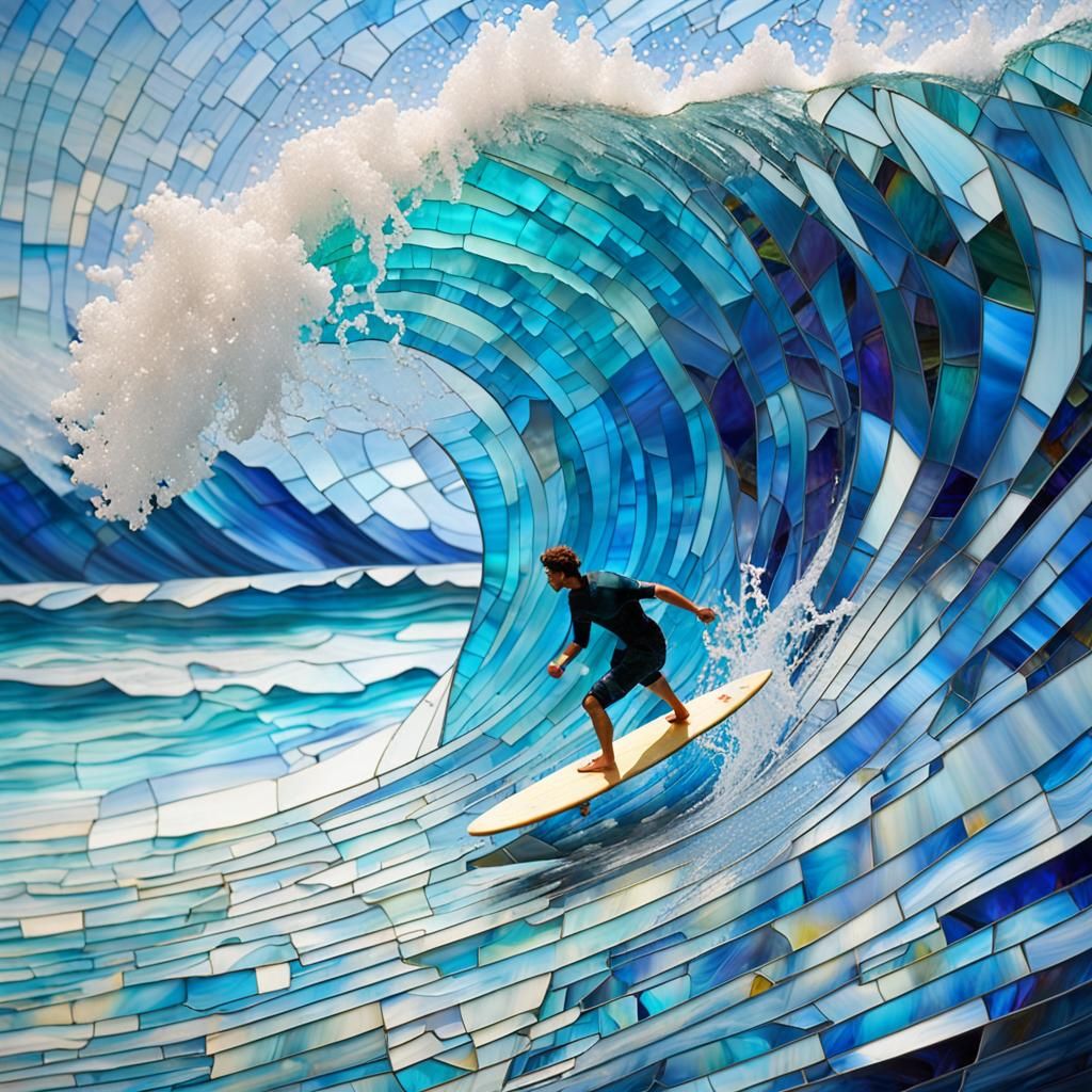 Stained Glass Surfer Riding Azure Tsunami