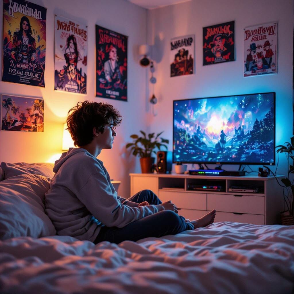 Teen's Aesthetic Room with Band Posters and Cozy Vibe