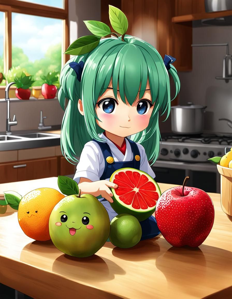 Chibi Style Fruit on Kitchen Table, Anime Art