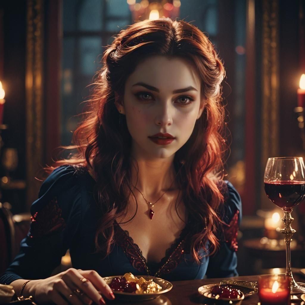 Vampire Girl Portrait with Golden Eyes in Cinematic Style