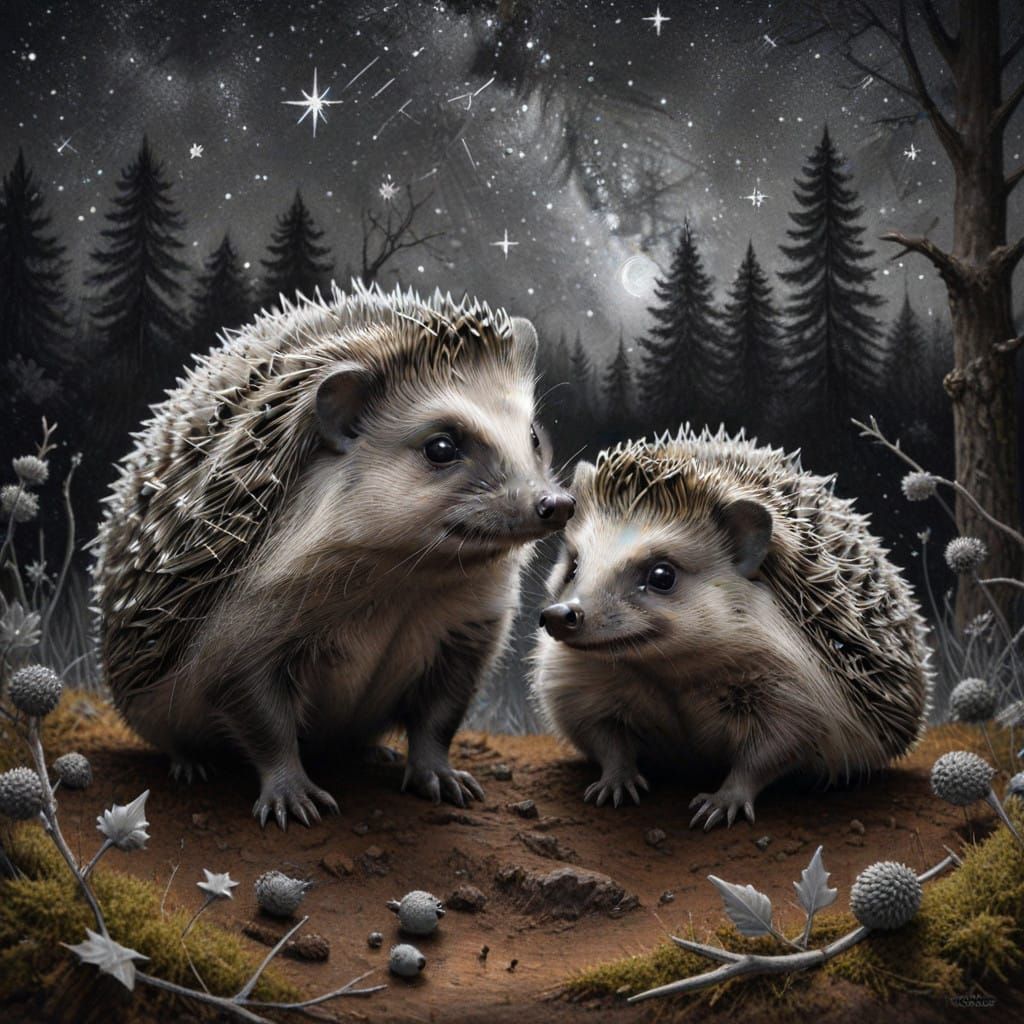 Hedgehogs Under Starry Forest Skies in Charcoal Art