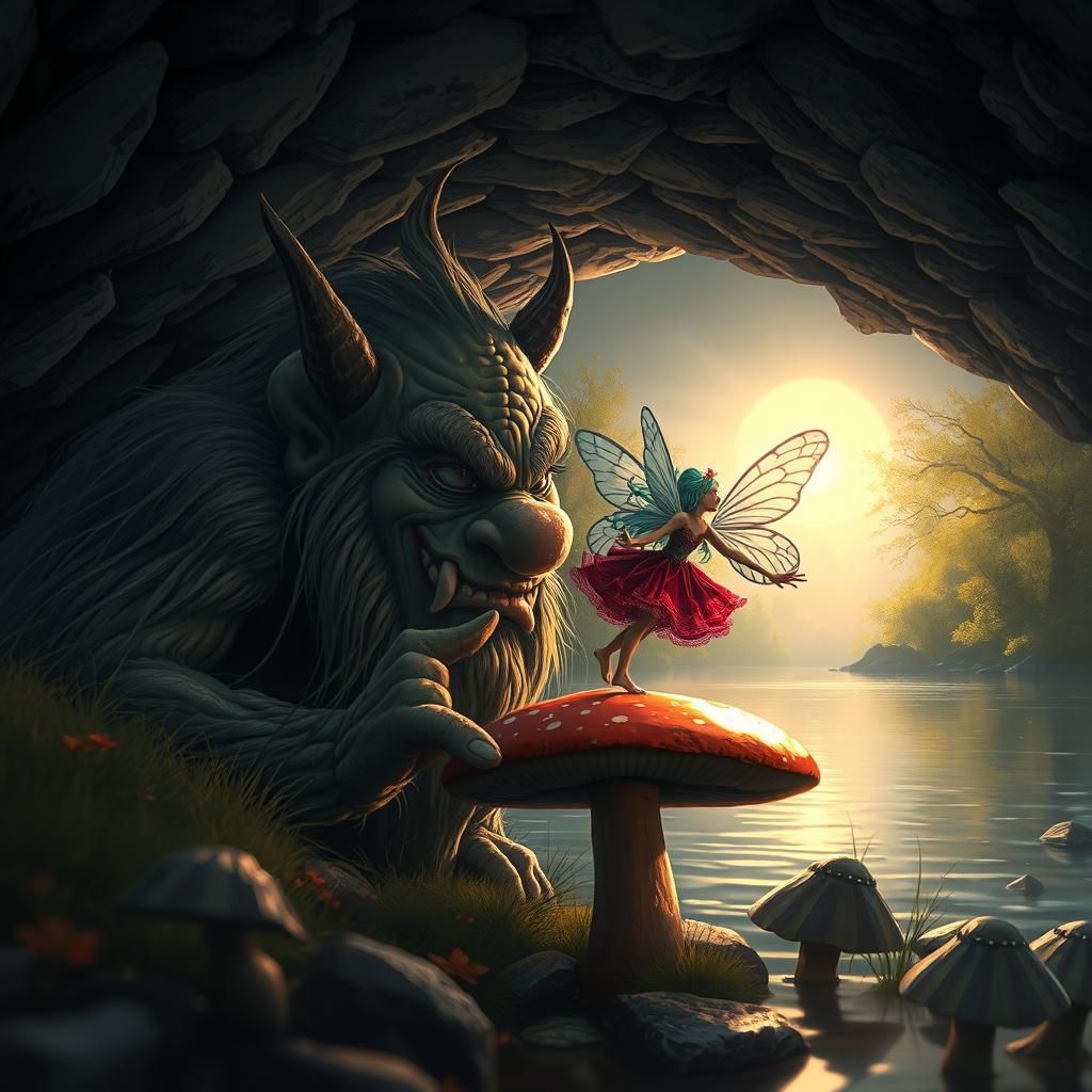 Troll and Fairy Riverside Dance, Fine Art Illustration