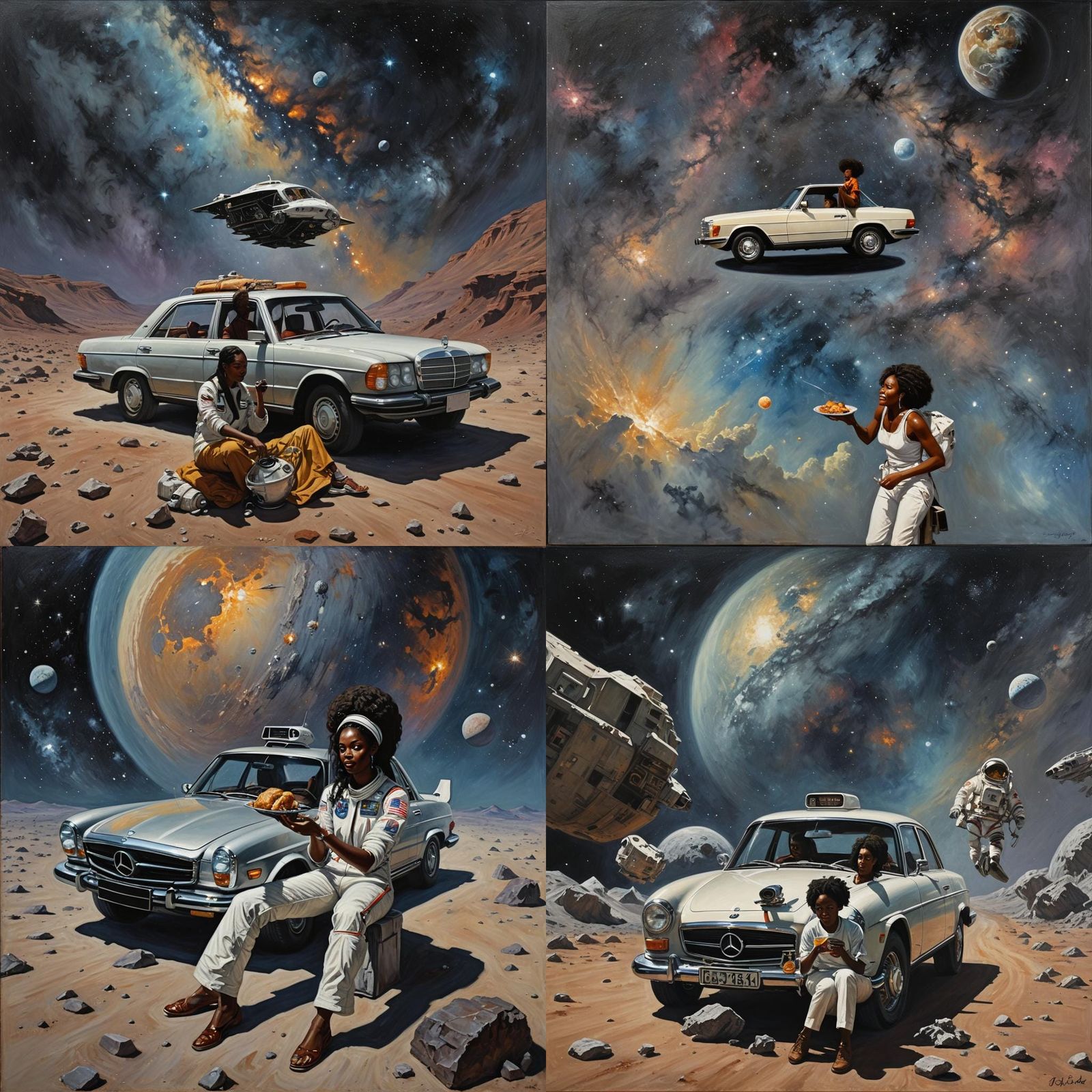Mercedes in Space: Oil Painting of Girl Eating