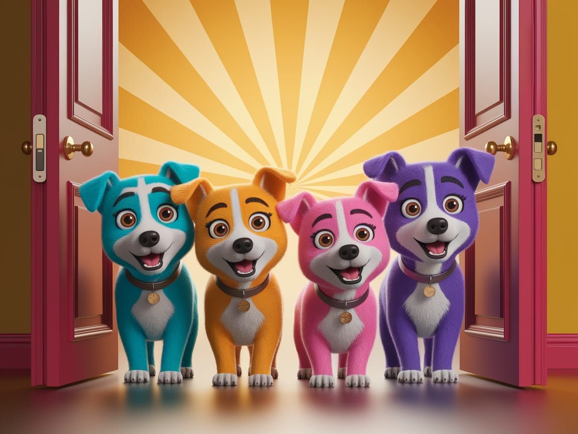 Playful Dogs at Doorway: Pixar-Style 3D Art