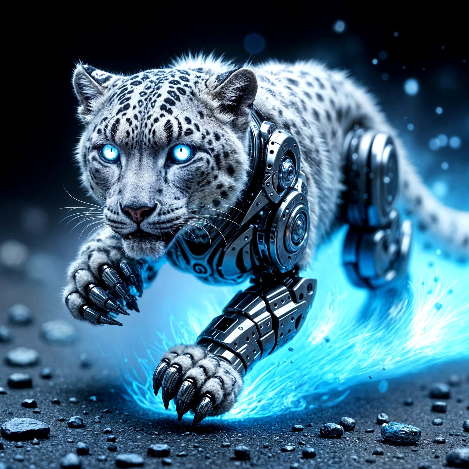 Photorealistic Snow Leopard Cyborg Running on Blue Flames