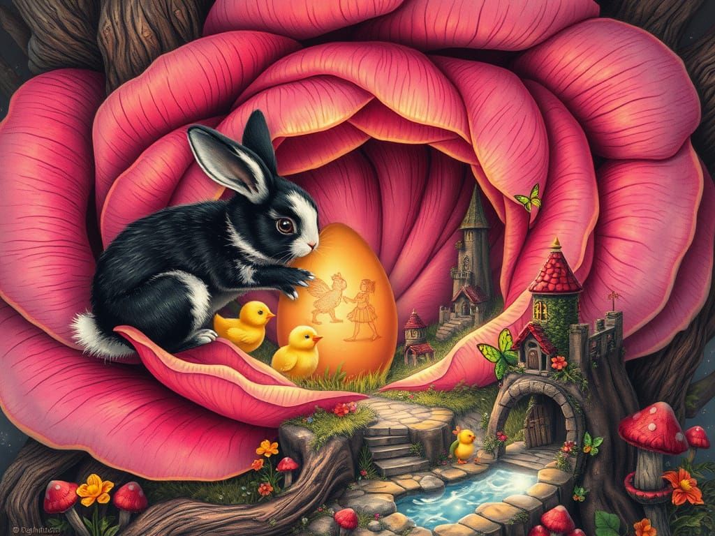 Whimsical Fairy Village in Giant Rose, Charcoal Drawing