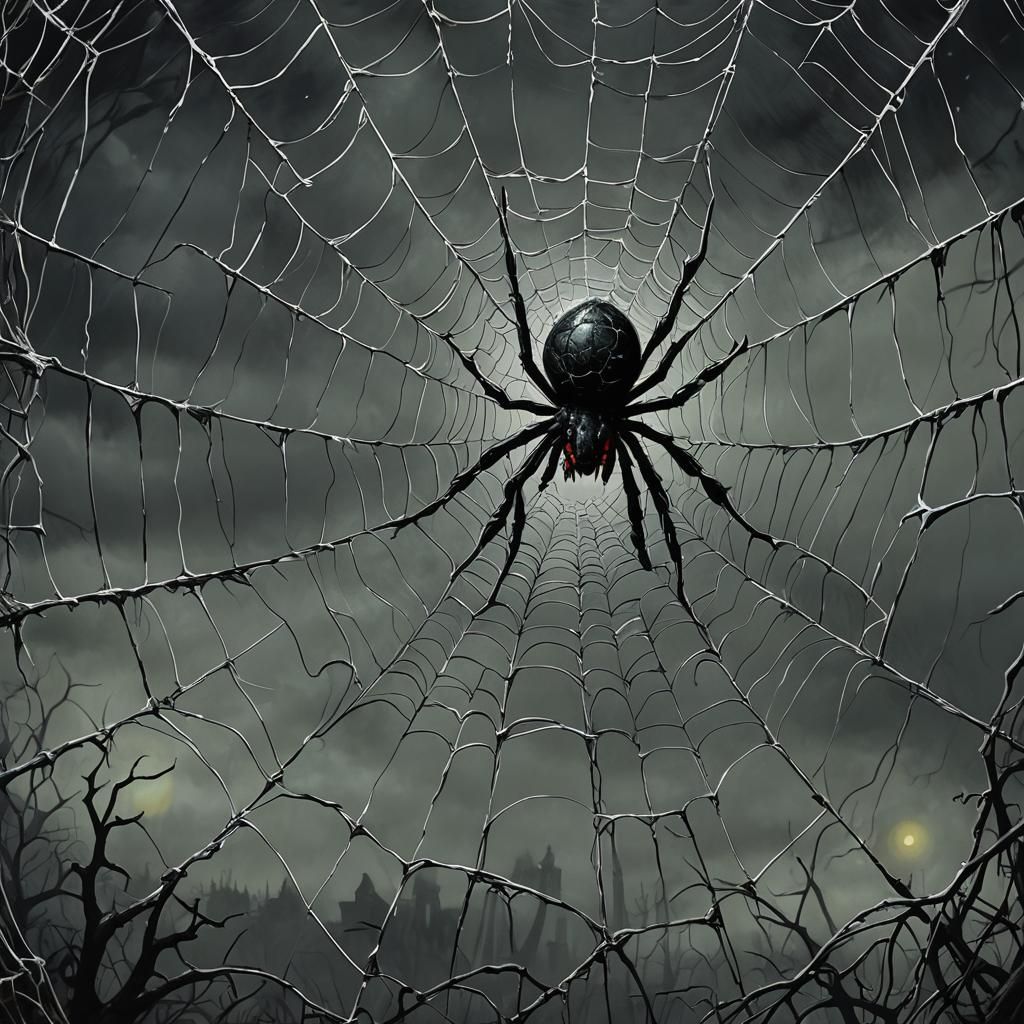 A spooky painting of a spider in a web; Horror, Nature; Gothic, Tim Burton style; Oil, Acrylic; Dark, gloomy lighting; C...