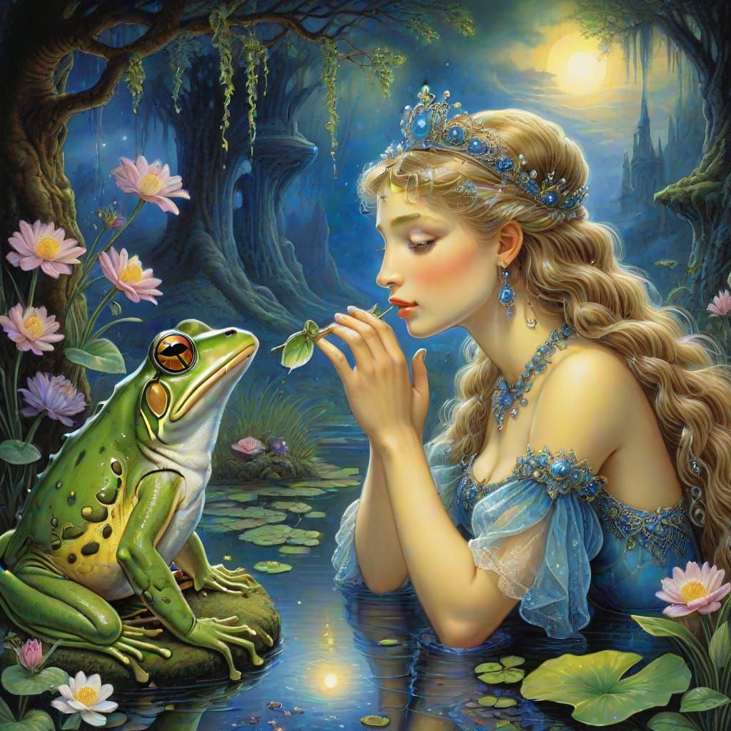 Princess Kisses Frog in Surrealist Style