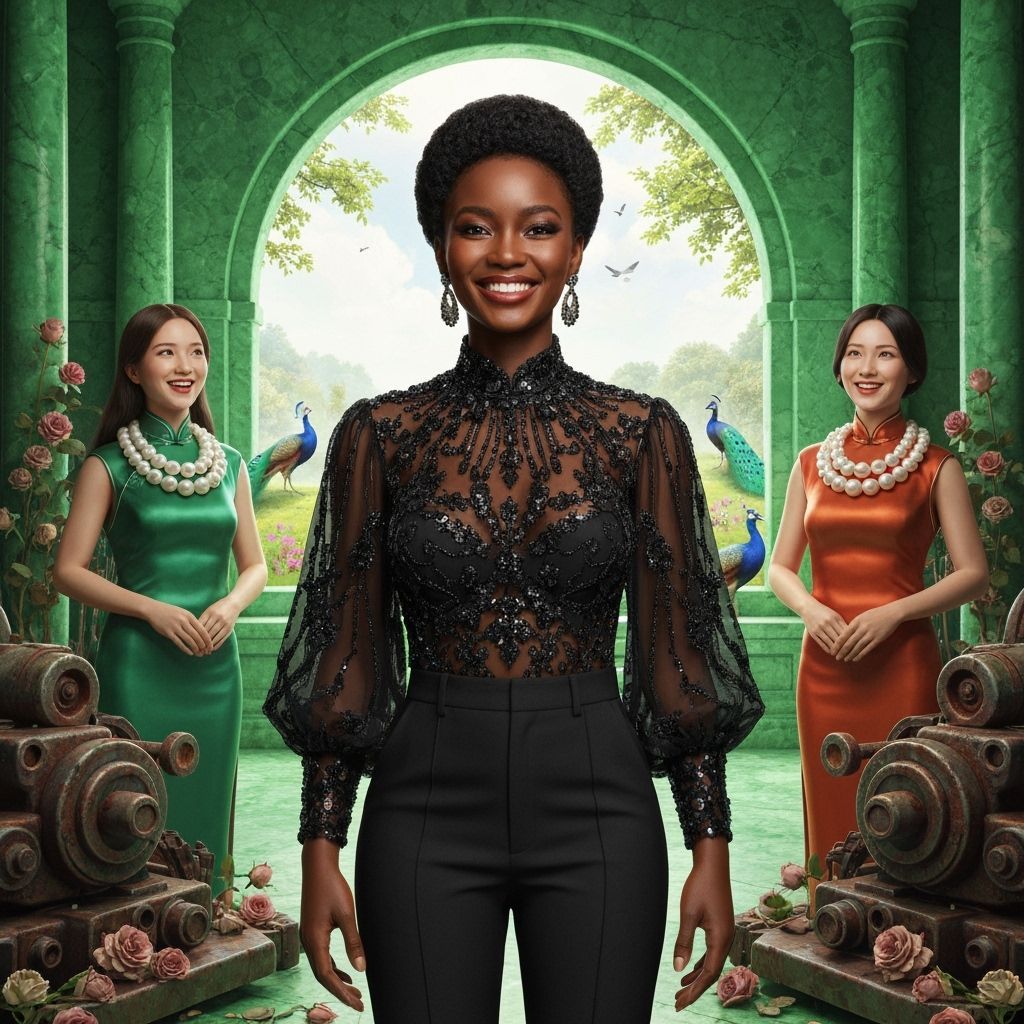 Elegant Women in Jade Room Overlooking Garden