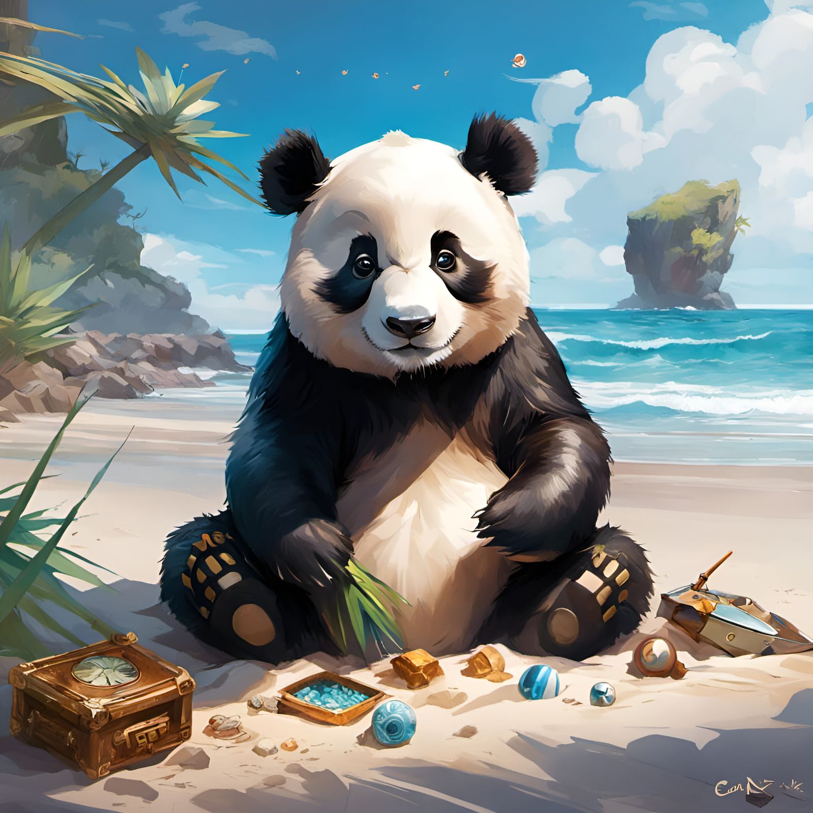 Chibi Panda Relaxing on Beach, Blending Art Styles