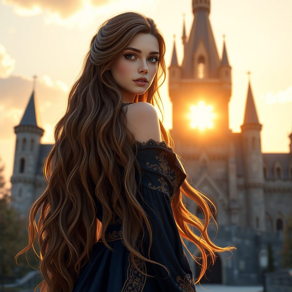 Regal Woman in Golden Evening Light Castle