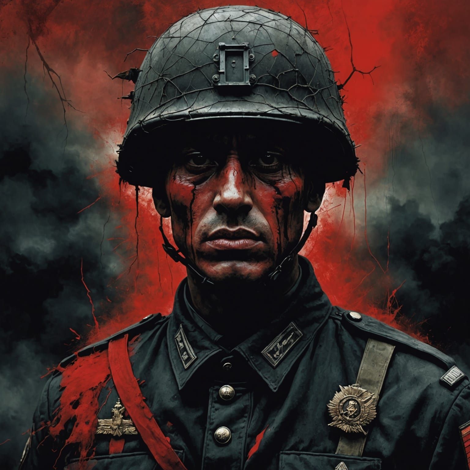 Dark Abyss: Traumatized Soldier Portrait in Surreal Style