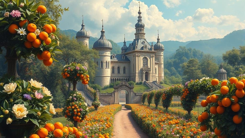 Luxury Chateau and Orange Farm, Oil Painting