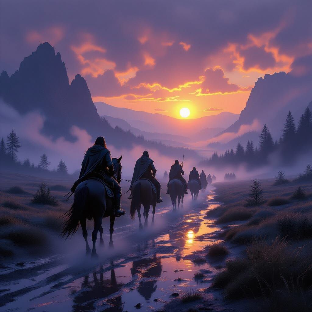 Dark Fantasy Adventurers Ride Through Foggy Landscape