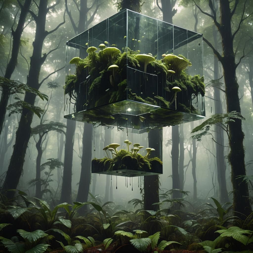 Black Glass Cube in Misty Rainforest