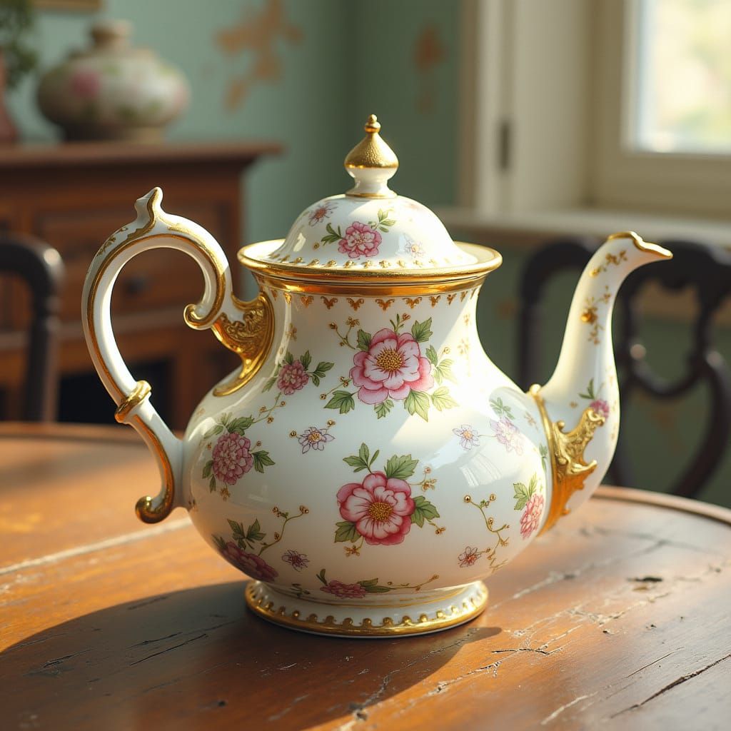 Vintage French Rococo Porcelain Teapot with Floral Patterns
