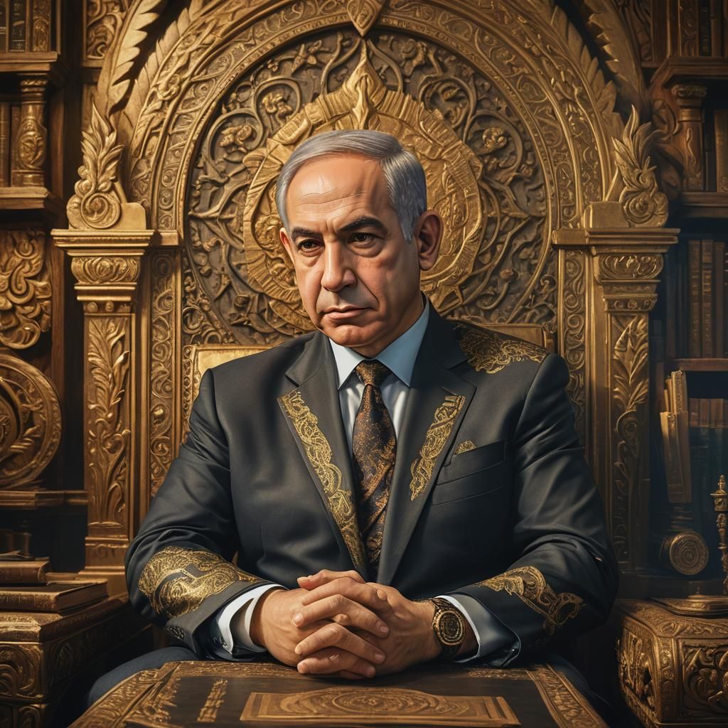 A black and white watercolor painting. A portrait of Benjamin Netanyahu alone